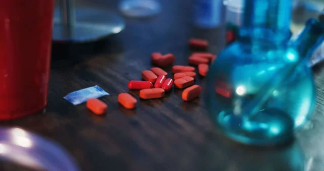 Editorial still life of pills and laboratory glassware