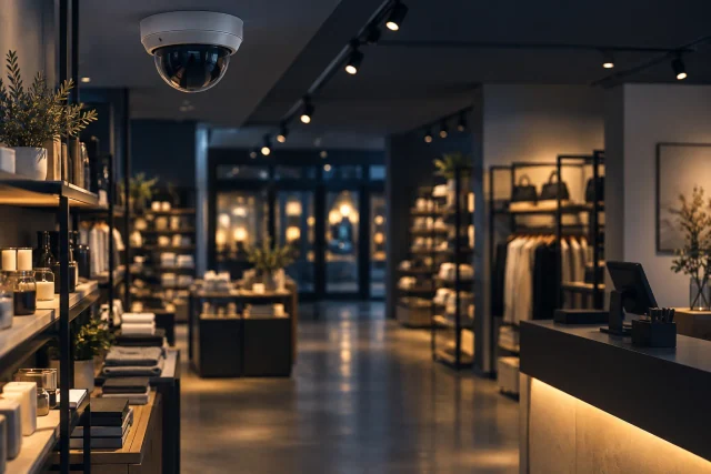 Editorial illustration of a security camera in an empty store