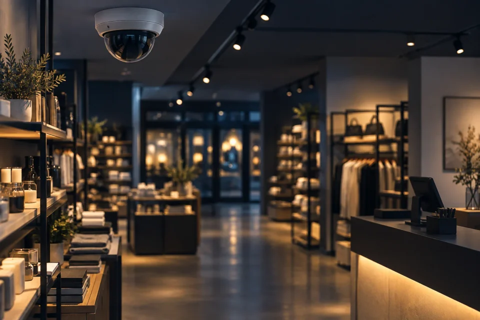 Editorial illustration of a security camera in an empty store